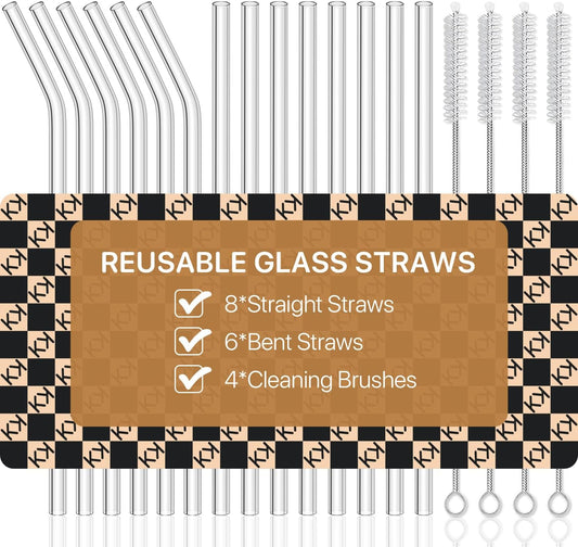 18-Pack Glass Straws, Reusable Clear Glass Drinking Straws Set, 8.5 Inch x 10mm - Includes 8 Straight and 6 Bent with 4 Straw Cleaner Brush, Perfect for Smoothies, Milkshakes, Juice, Tea