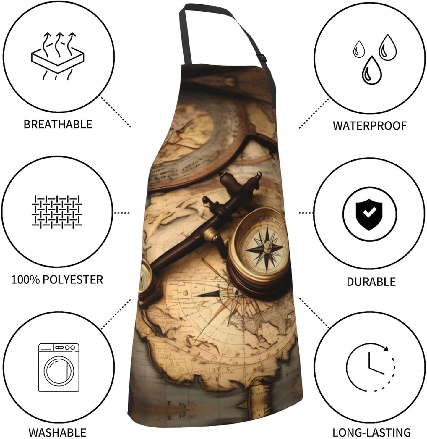 Compass and Old World Map Print Laundry apron 28x33 In Waterproof Kitchen Apron with Pockets for Cooking Baking