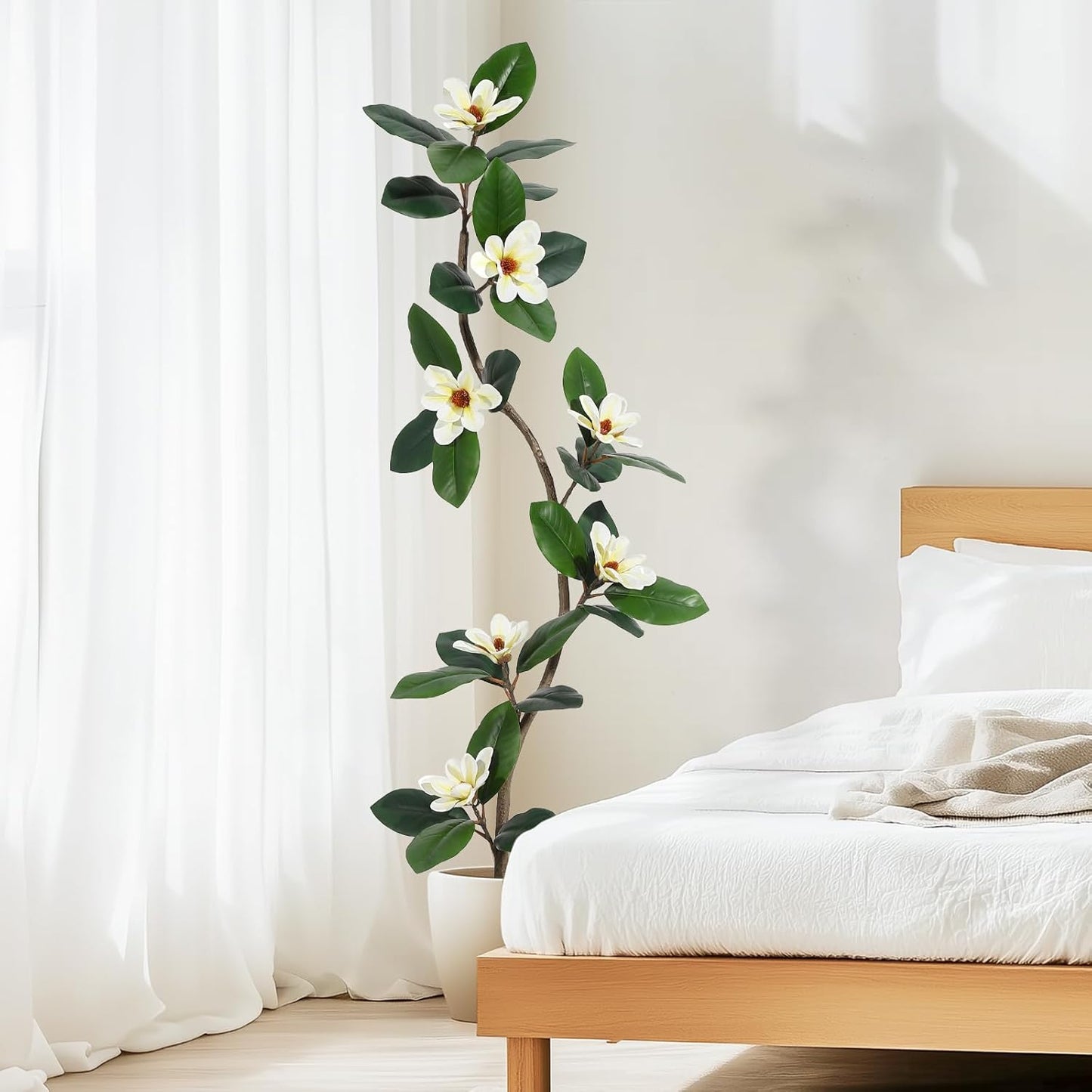 Rubber Tree 5 ft Artificial Tree in White Planter Pot, Faux Plants Indoor Faux Floor Plant Artificial Plants with 7 Pcs Magnolia Flowers for Home Decor, Artificial Fiddle Leaf Fig Tree for Office