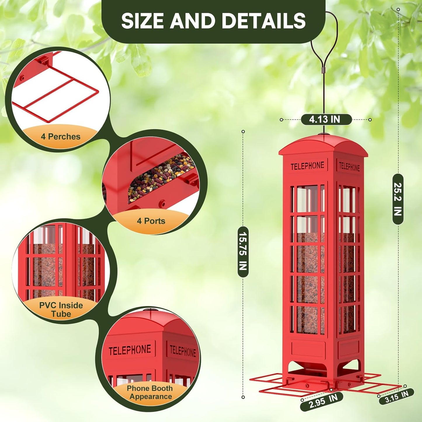 Bird Feeders Squirrel Proof, Weight Activated Metal Wild Bird Feeder for Outdoor Hanging,3LB Large Capacity,Mesh Birdfeeders for Cardinals, Finches, Chickadees-Red
