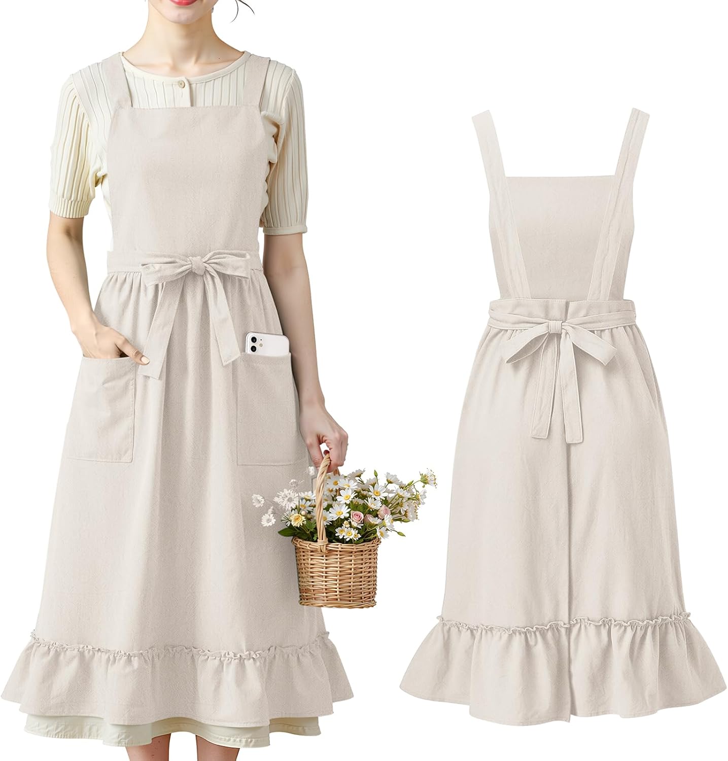 100% Cotton Aprons with Pockets Pinafore Dress for Women Vintage Cute 