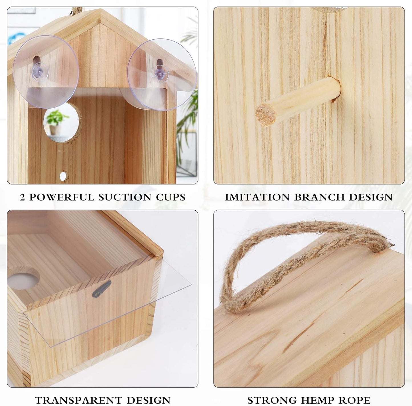 Window Bird House for Outside with Strong Suction Cup, Upgraded See Through Window Birdhouse for Viewing Inside, Wooden Bird Nesting Box for Bluebird Finch Chickadee Outdoors, Best Gift for Kids