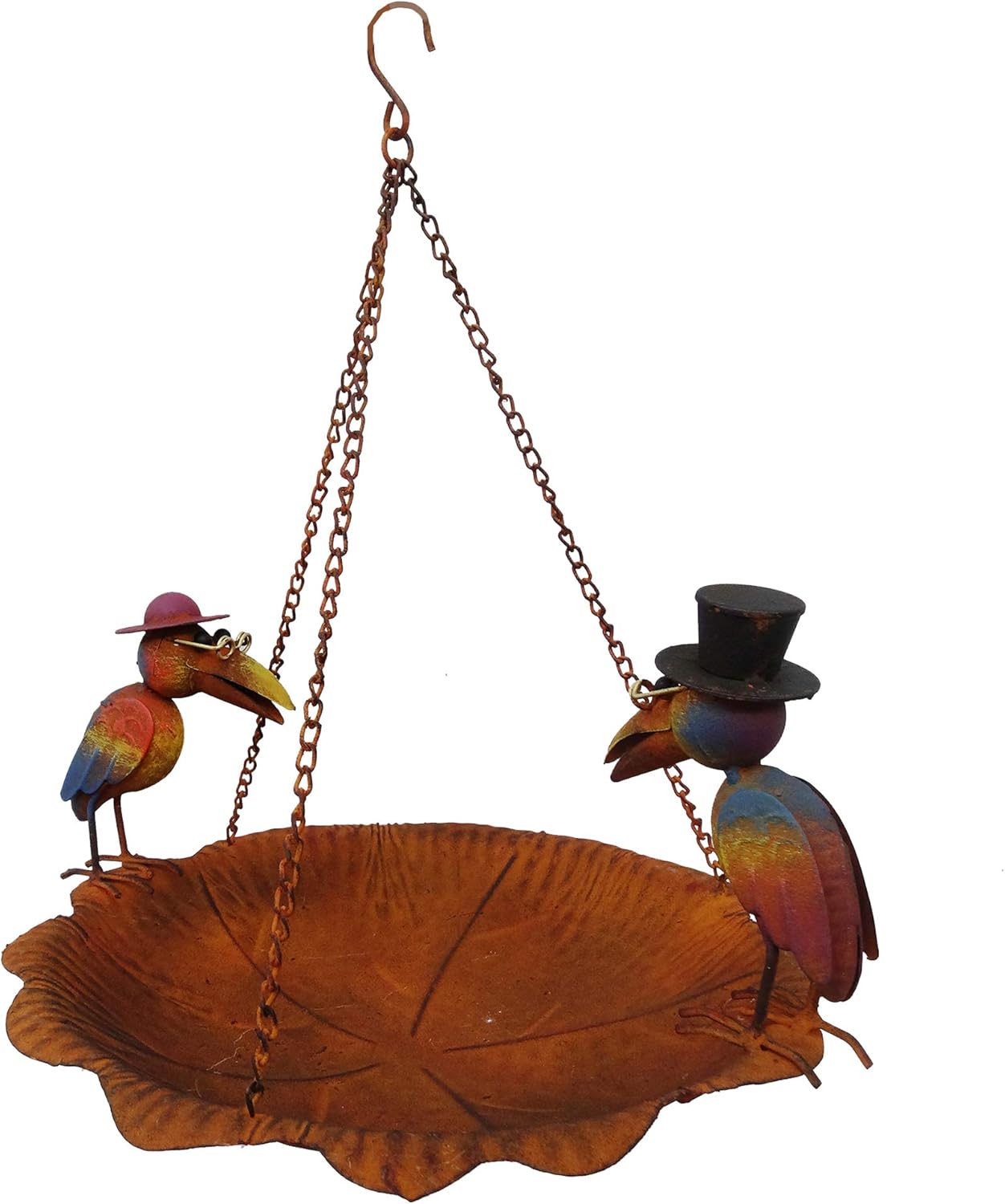 Continental Art Center Rustic Metal Hanging Bird Feeder with Two Old Crows Stand On The Plate