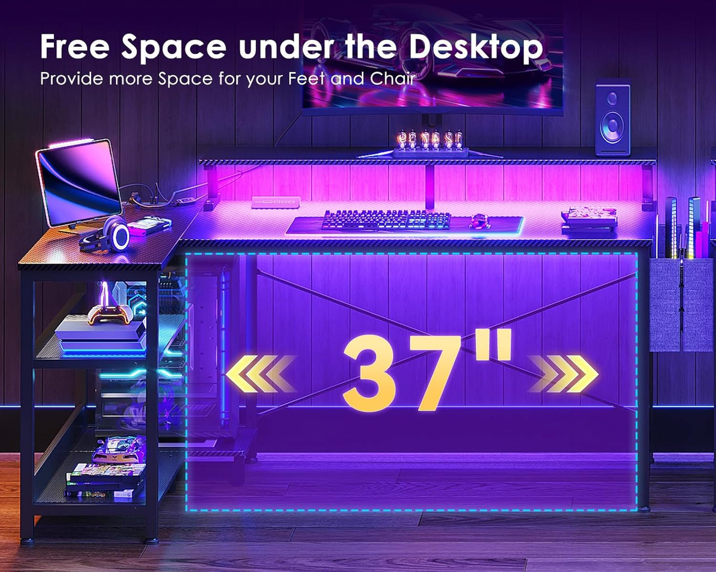 ODK 48 Inch Gaming Desk with USB Charging Ports and LED Lights, Revers