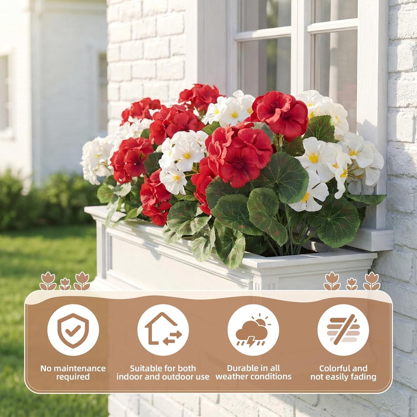 Artificial Flowers, Artificial Plants Outdoor, Artificial Geraniums, Realistic Fake Flowers, Porch Decorations, for Garden, Patio, Window Box, Party Wedding Decoration (6, Red, White)