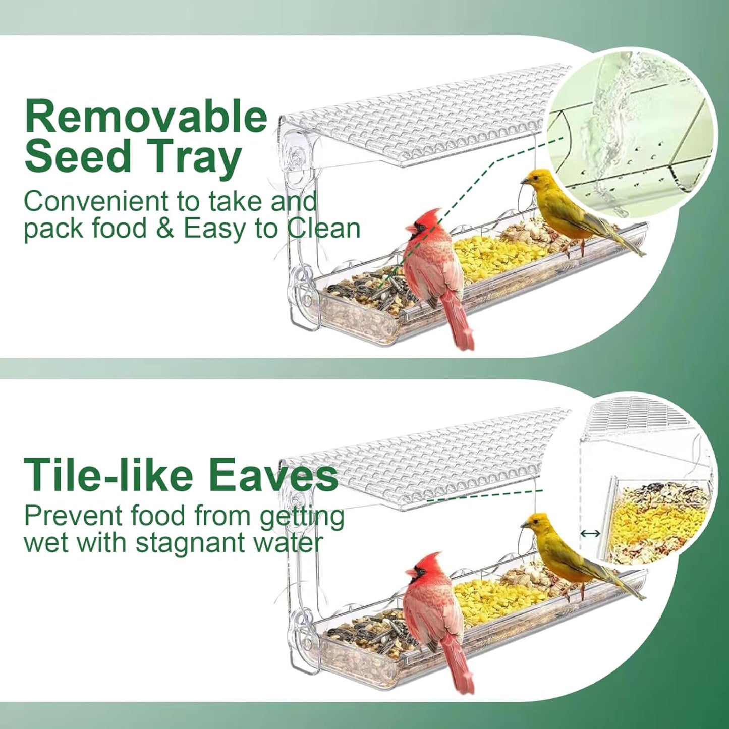 Window Bird Feeders with Strong Suction Cups 480ml Window Bird Feeder with Removable Feeding Trays and Water Compartment Bird Feeder with Drainage Holes for Clear Window View