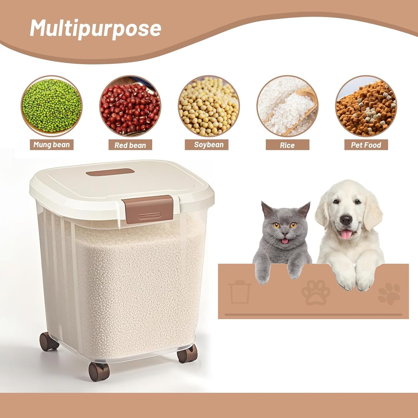RUIAN 2PCS Airtight Food Storage Bin with Wheels BPA-Free, Lockable&Clear Pantry Organizer for Rice, Flour, Grains & Pet Food(22LBS and 55LBS)