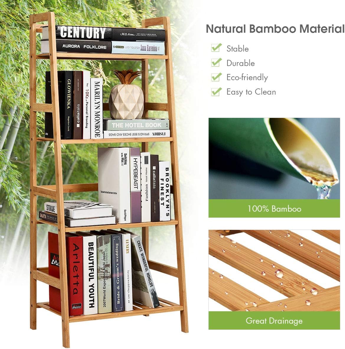 Giantex 4-Tier Ladder Shelf Plant Stand, Bamboo Flower Pots Holder Display Rack, Multifunctional Ladder-Shaped Bookshelf Storage Shelves for Home Office Living Room Bathroom Bedroom Kitchen (Natural)