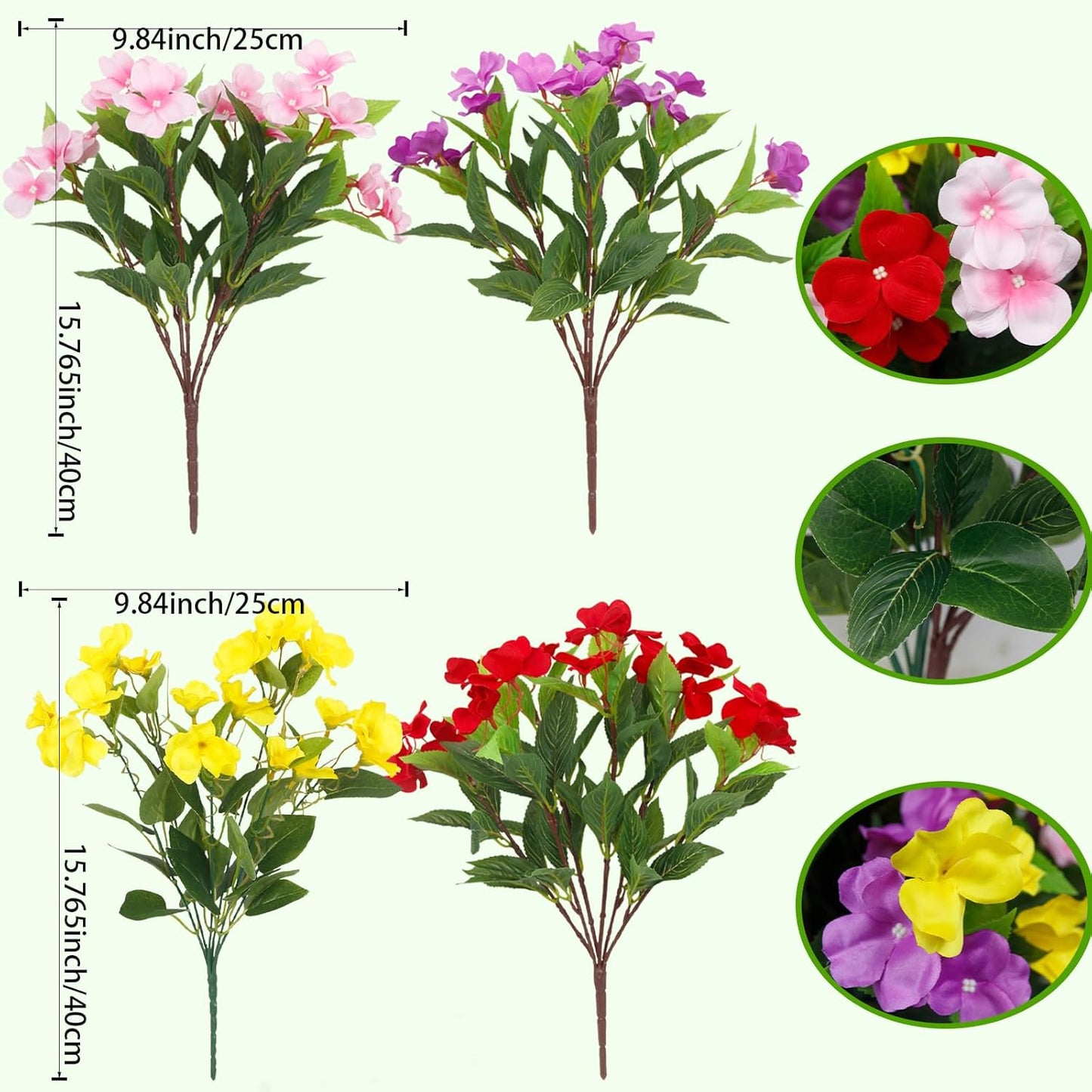 4 Pcs Artificial Flowers for Outdoors Impatiens UV Resistant Silk Flowers Hibiscus Faux Impatiens Flowers for Outdoor Planters Pot Patio Garden Hanging Basket Porch Table Indoor Decor