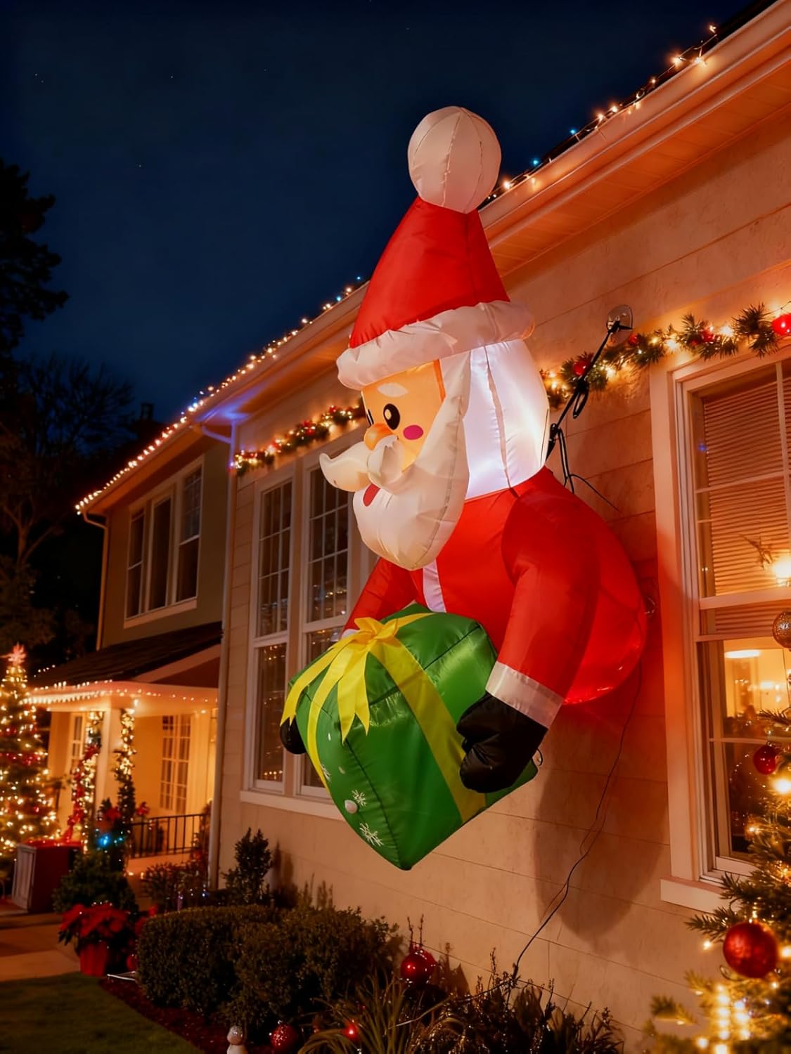 3.5FT Window Inflatble Decor- Christmas Santa Claus with Green Gift Bo