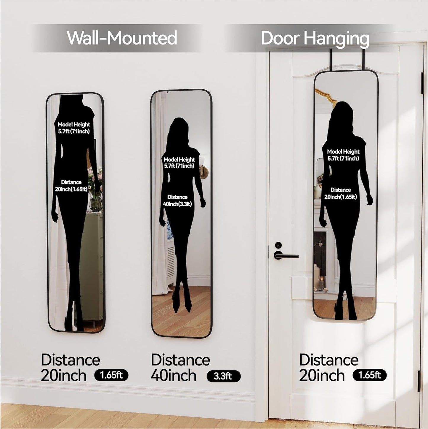 47x14 Mirror Rectangle Full Body Length Door Hanging Wall Mounted Metal Aluminum Alloy Frame Dressing Make-up Mirrors for Entryway Bedroom Bathroom Living Room 47 14 inch Black