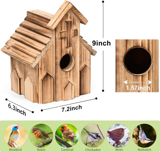 Church-Shaped Wooden Birdhouses, Cross Design Bird Houses for Outside, Hanging Birdhouse for Bluebird, Robin, Cardinal, Sparrow, and Finch, Bird Nesting Box for Outdoor Garden Decoration
