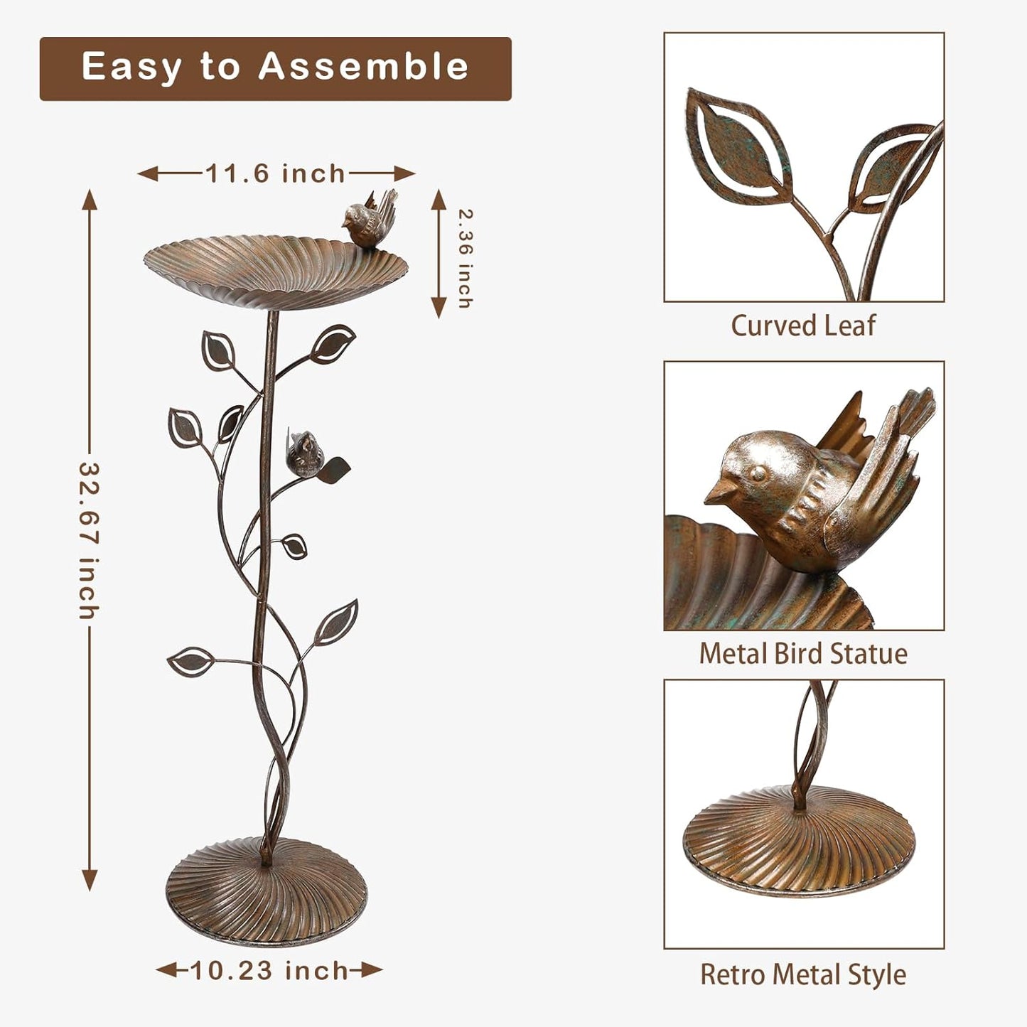 VCUTEKA Bird Baths for Outdoor, Metal Garden BirdBath with Bird Statue and Detachable Bird Bath Bowl for Yard Patio Lawn Decor, Brown