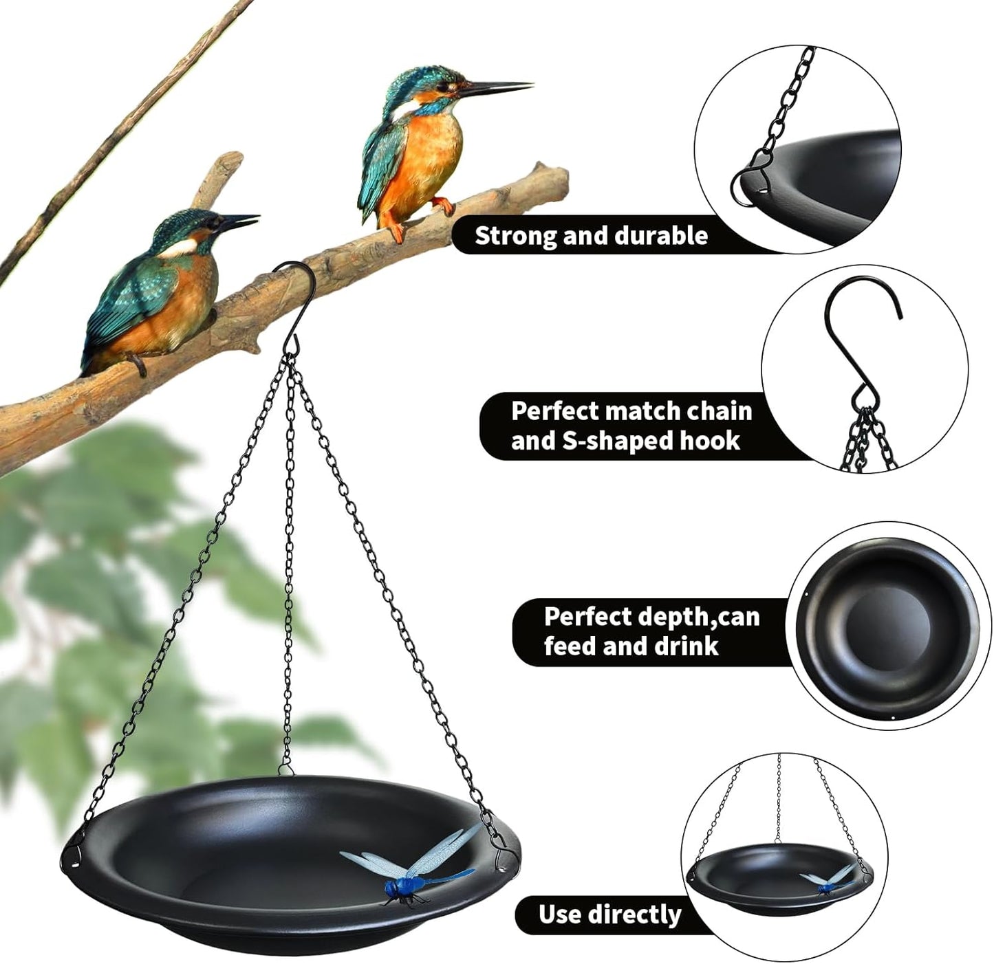 Hanging Bird Bath Outdoor 11.5" Metal Bowl with 15.5 in Rust-Proof Chains,Weather-Resistant Garden Birdbath with Magnetic Dragonfly for Backyard Decor,Matte Black