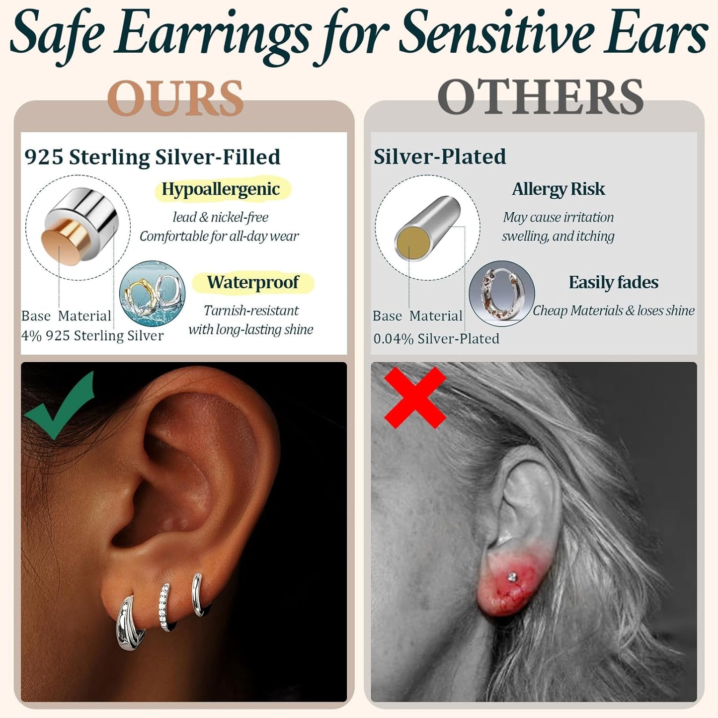 Small Sterling Silver Huggie Hoop Earrings Set for Women, Hypoallergen