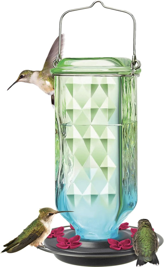 Seafoam Ombre Column Gravity Glass Hummingbird Feeder for Outdoor Décor, 23 oz Nectar Feeder with 6 Flexible Flower Ports, Continuous Perch Ring & Easy-Clean Two-Part Base, Bee-Resistant Design
