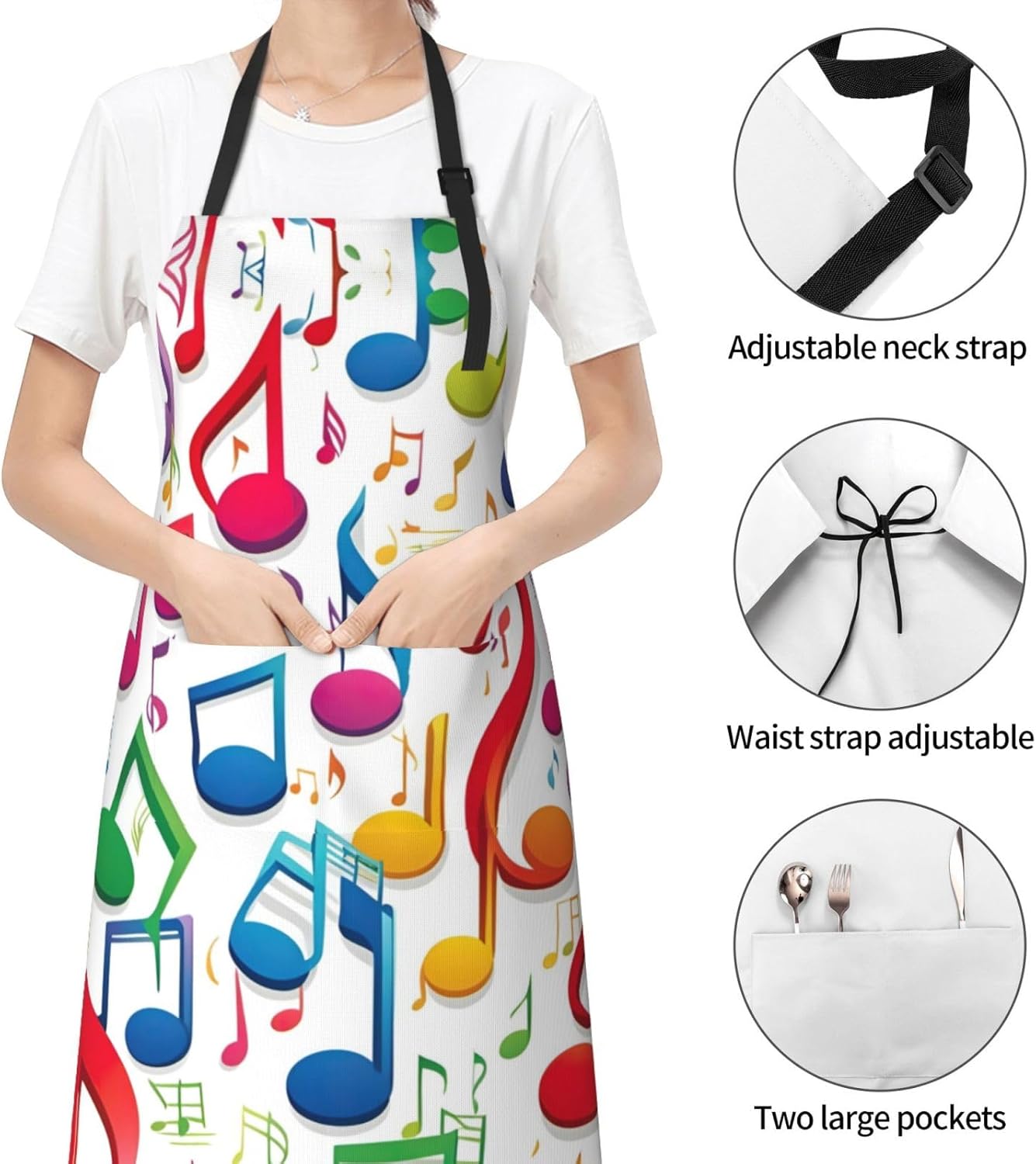 Colorful Music Notes 1 print Waterproof chef's apron with pocket apron for kitchen cooking baking barbecue and gardening