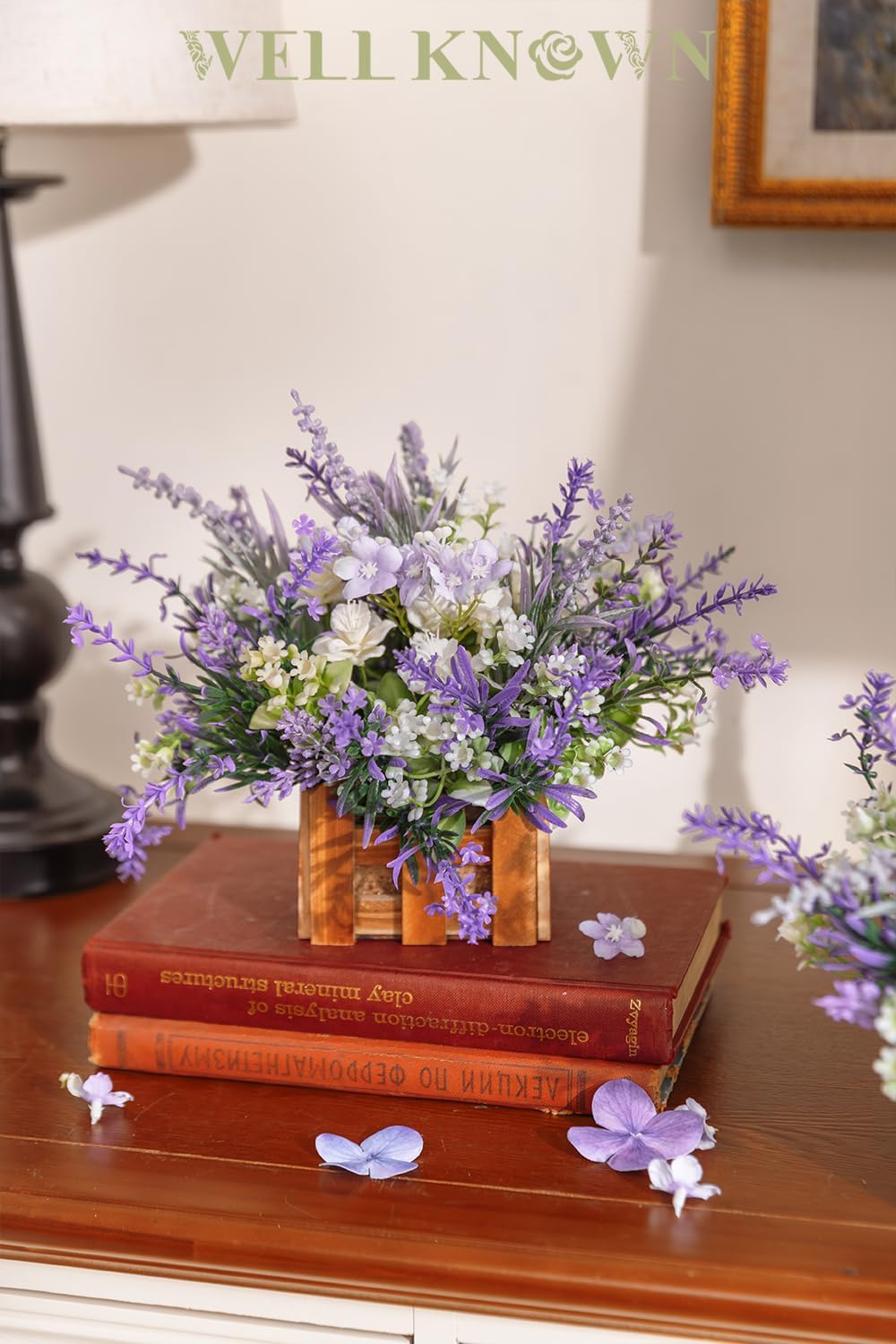 WELL KNOWN Artificial Lavender Plants in Wooden Baskets, Artificial Mini White Flower Arrangement in Planter for Home Hotel Office Table Wedding Centerpieces & Gift(Set of 2)