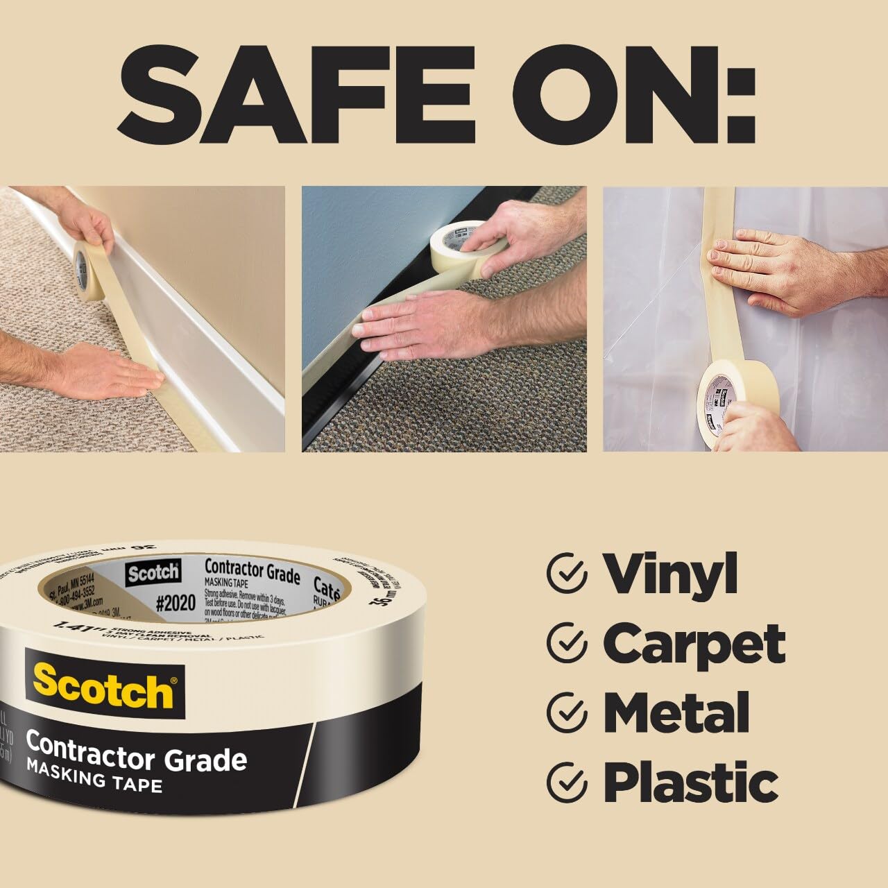 Scotch Contractor Grade Masking Tape, 1 Inch Wide (0.94 in. x 60.1 Yds) 6 Rolls, 3-Day Interior Clean Removal, Removes Easily Without Leaving Sticky Residue, Interior & Exterior Use (2020-24EP6)