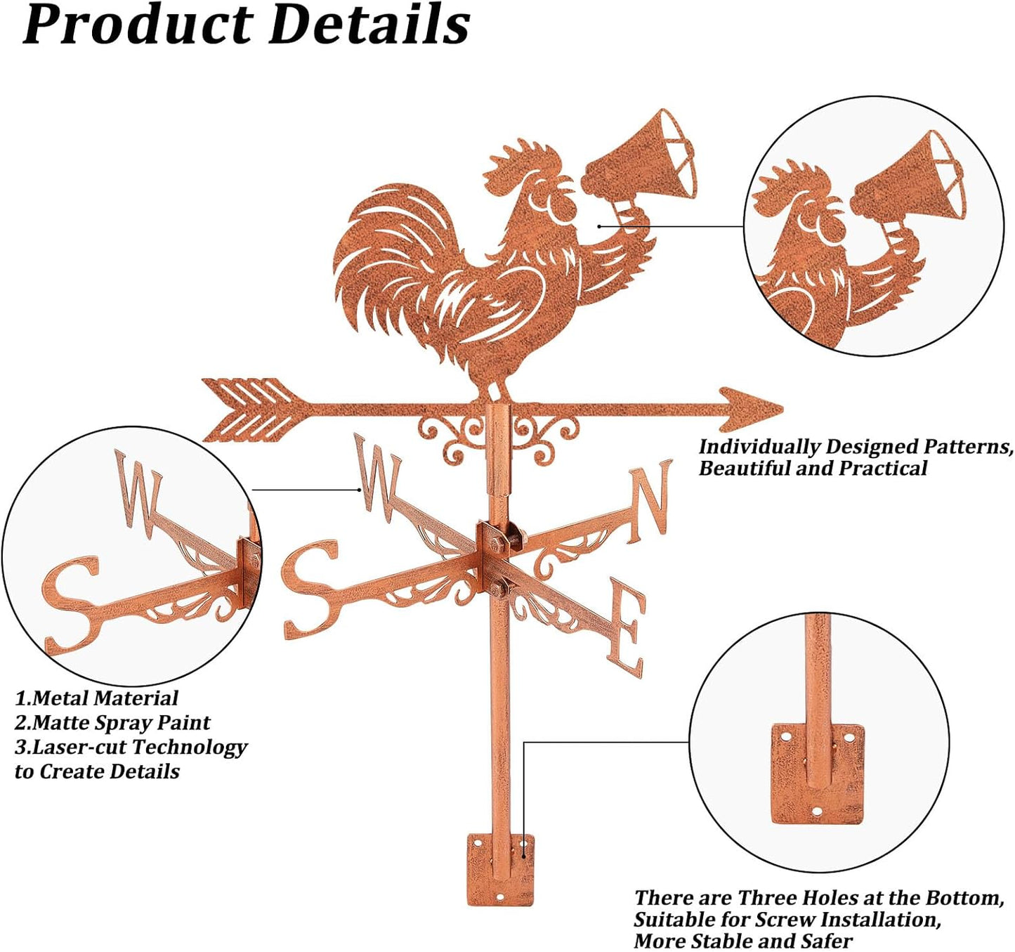 SUPERDANT Rooster Trumpet Weather Vane Animal Wind Vanes for Yard Metal Weathervane Roof Mount for Gardens Outside Reddish Copper Weathervanes Farmhouse Farm Barn Sheds Patio Decorations
