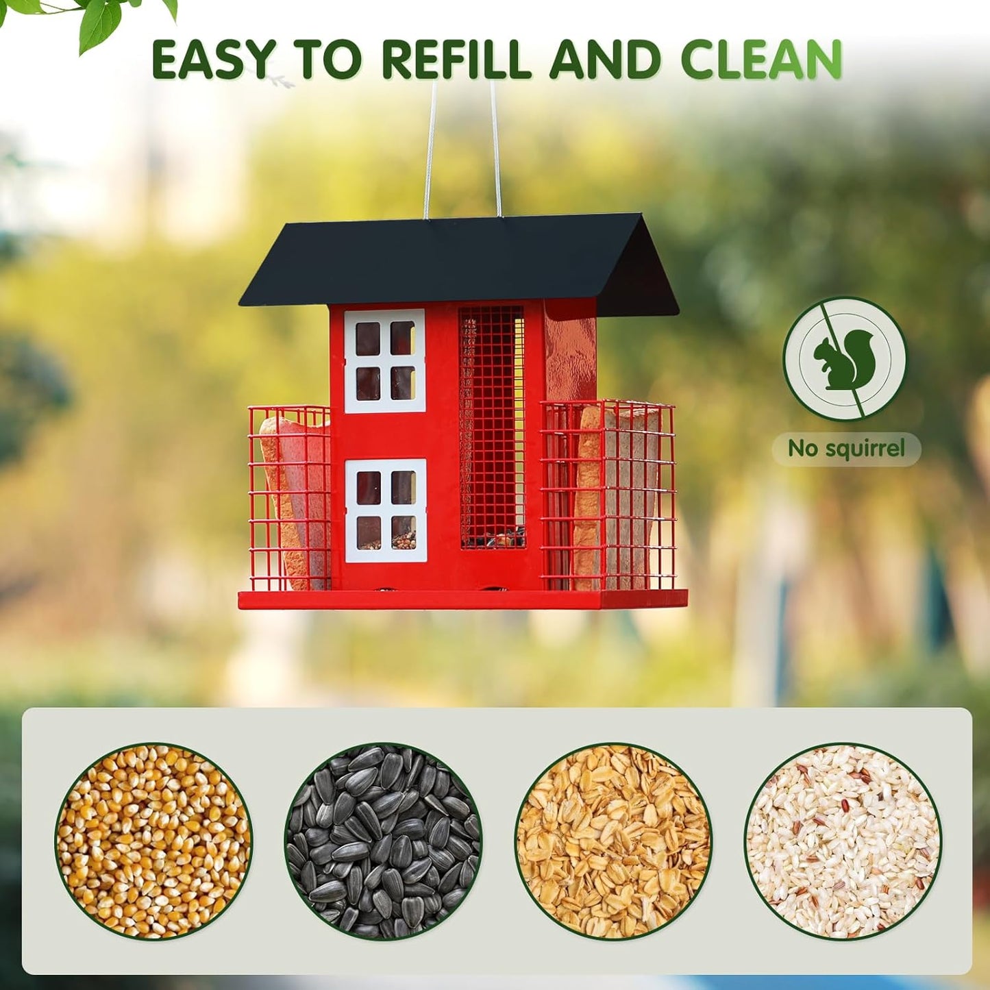 Metal Bird Feeders for Outdoors Hanging with 2 Suet Cage Cake Squirrel Proof Hanging Suet Feeder Large Capacity Wild Bird Feeder Easy Clean&Anti-Rust Attracting Birdhouse Red