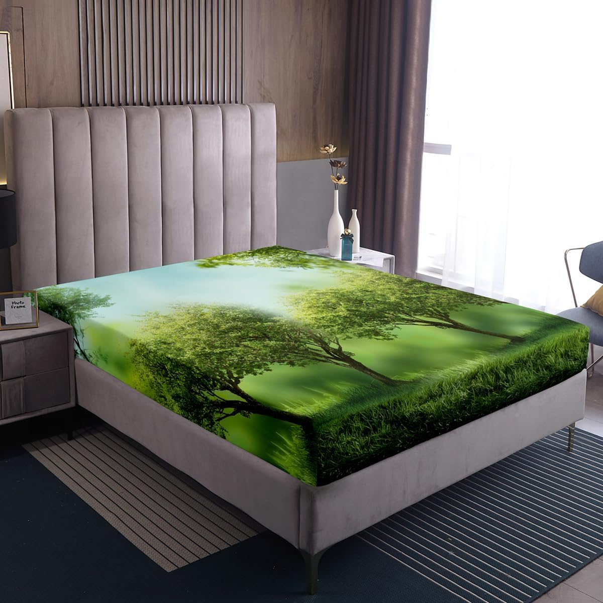 Erosebridal Grass Bedding Set Botanical Leave Lawn Fitted Sheet for Kids Boys Girls Teens Adult Green Luxury Bed Cover Lightweight Bedclothes Twin Size 1 Fitted Sheet with 1 Pillow Case