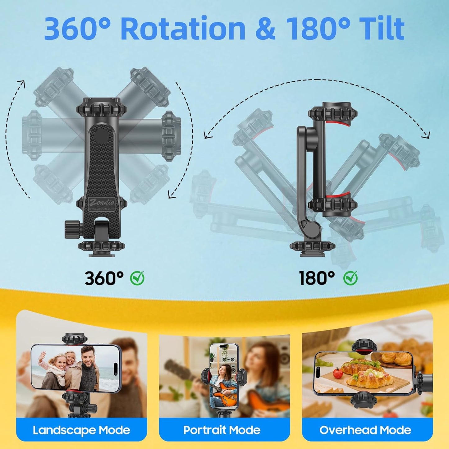 Zeadio Smartphone Tripod Mount Adapter, Cell Phone Tripod Holder Selfie Stick Monopod Adjustable Clamp, Fits for All iPhone and Android Smartphones