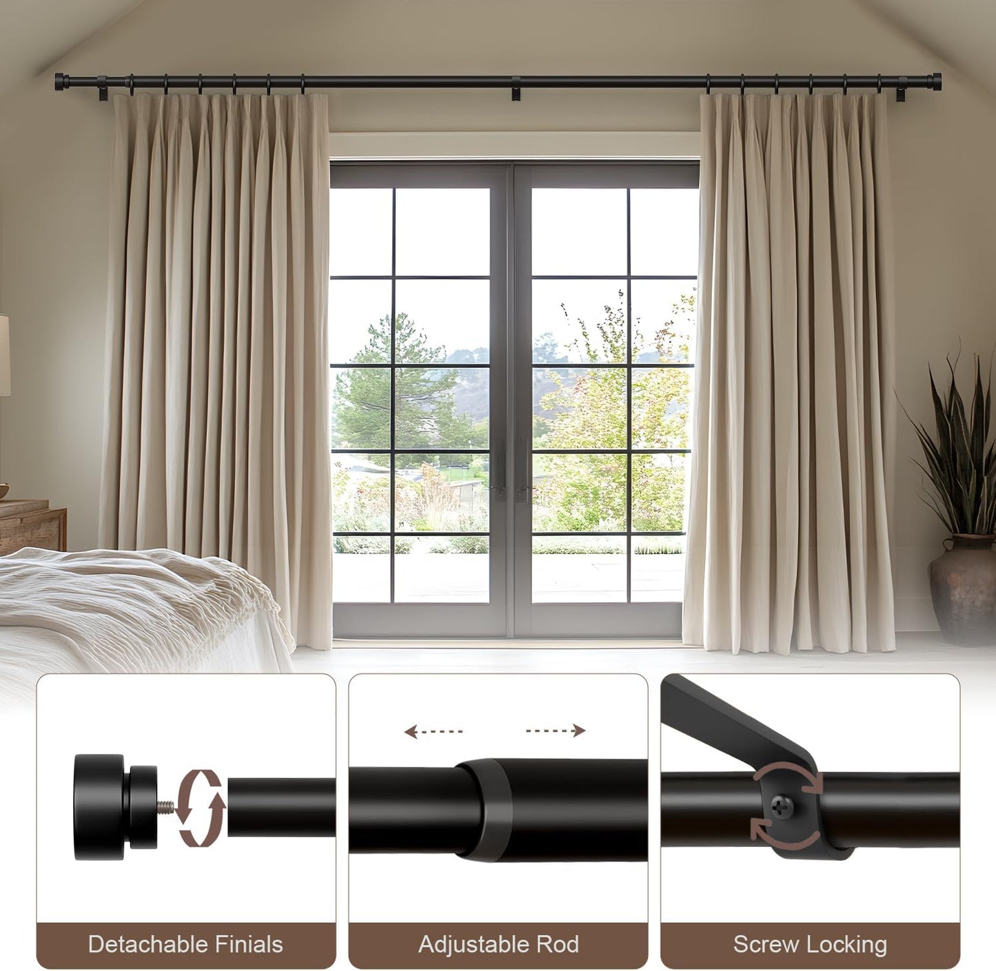 Black Curtain Rods for Windows 48 to 84 Inches Adjustable Heavy Duty 1" Diameter Window Curtain Rod with Decorative Finials for Outdoor Farmhouse Bedroom Kitchen Living Room