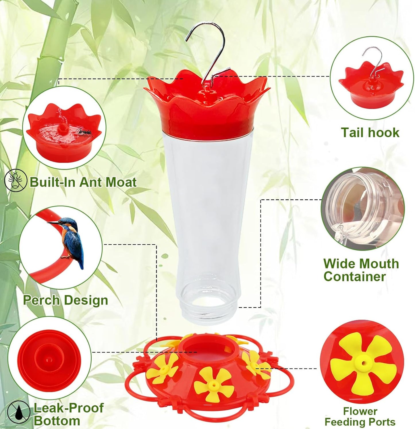 Hummingbird Feeders for Outdoors Hanging Ant and Bee Proof,2 Pack Humming Birds Feeders for Outside,13.5OZ Red Plastic Flower Bird Feeders 5 Feeding Ports Bird Nectar Feeder for Garden Décor Gifts