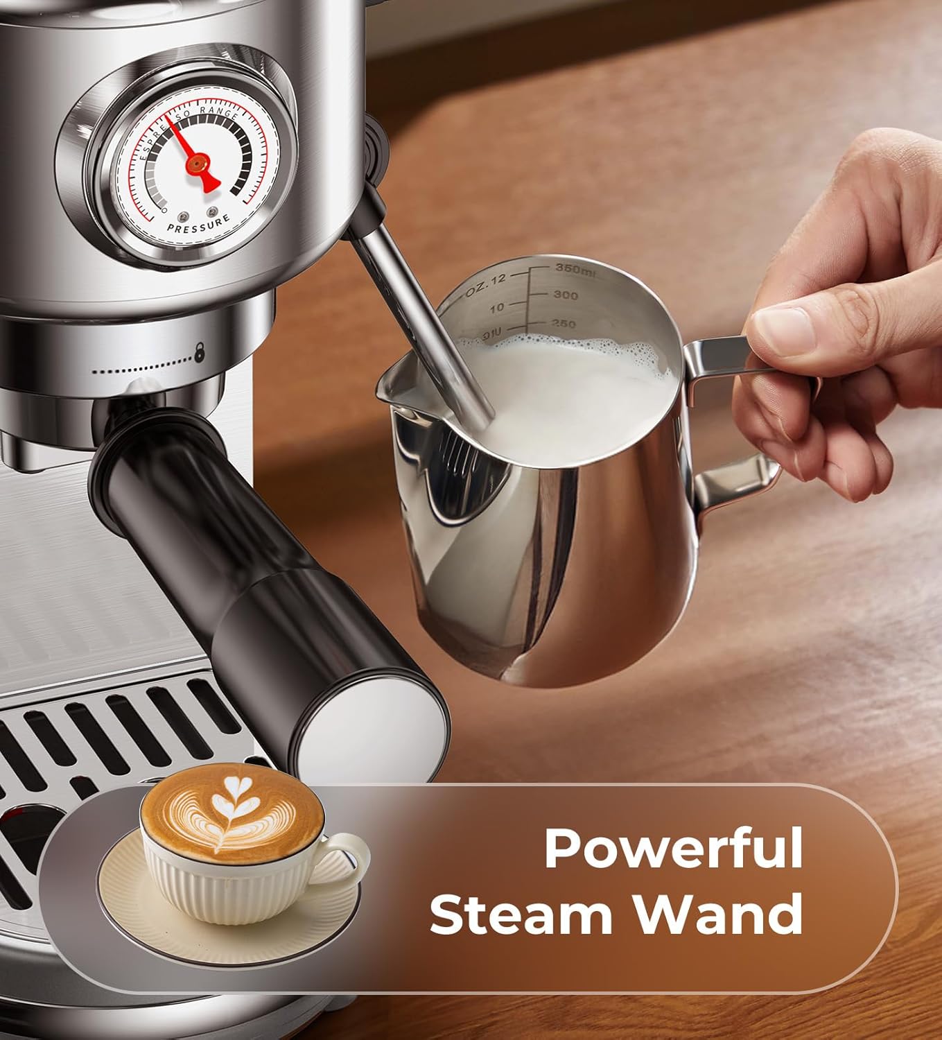 Espresso Machine with Milk Frother, 20 Bar Pressure Espresso Maker, with 44OZ Removable Tank, Compact Stainless Steel Coffee Machine for Home, Office, Latte, Cappuccino, Macchiato, Silver