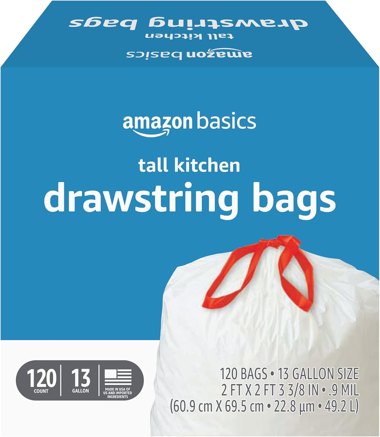 Amazon Basics Tall Kitchen Drawstring Trash Bags, Sturdy and Tear Resi