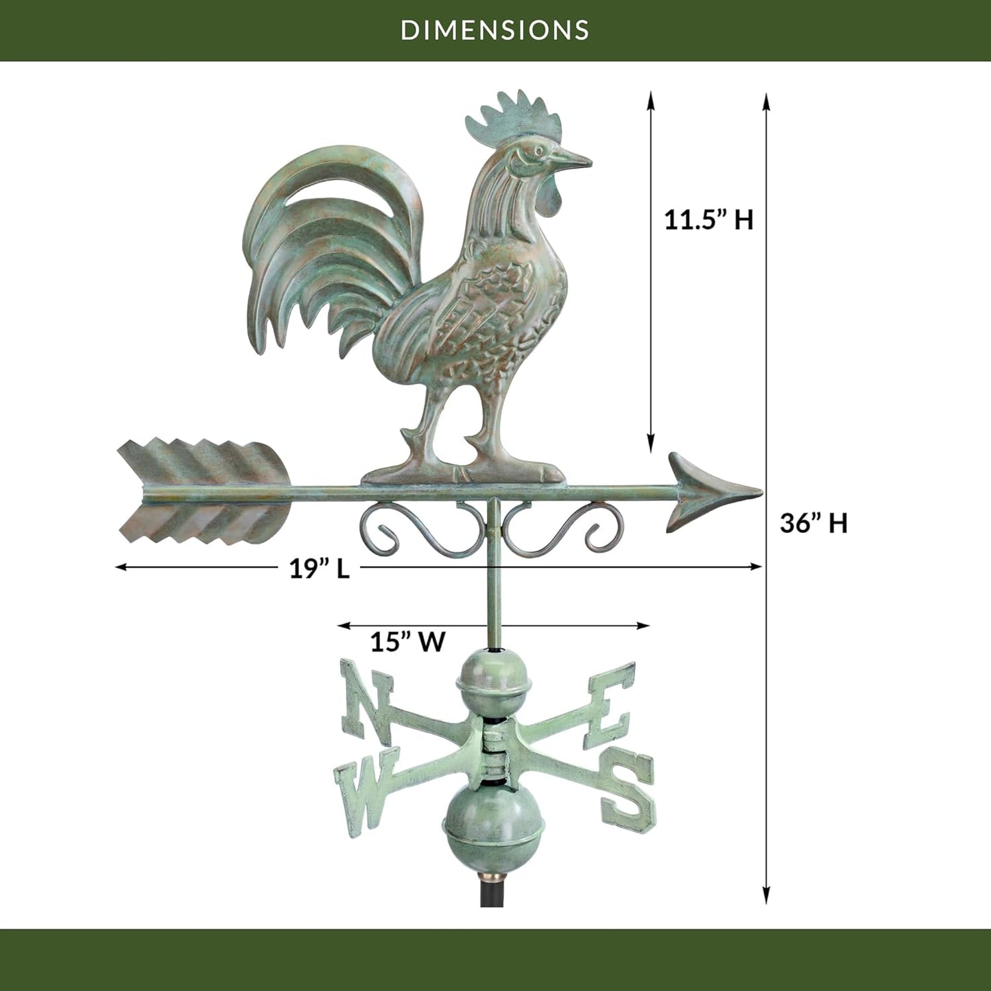 Good Directions Bantam Rooster Copper Weathervane, Includes Adjustable Roof Mount for Easy Installation - Blue Verde Copper