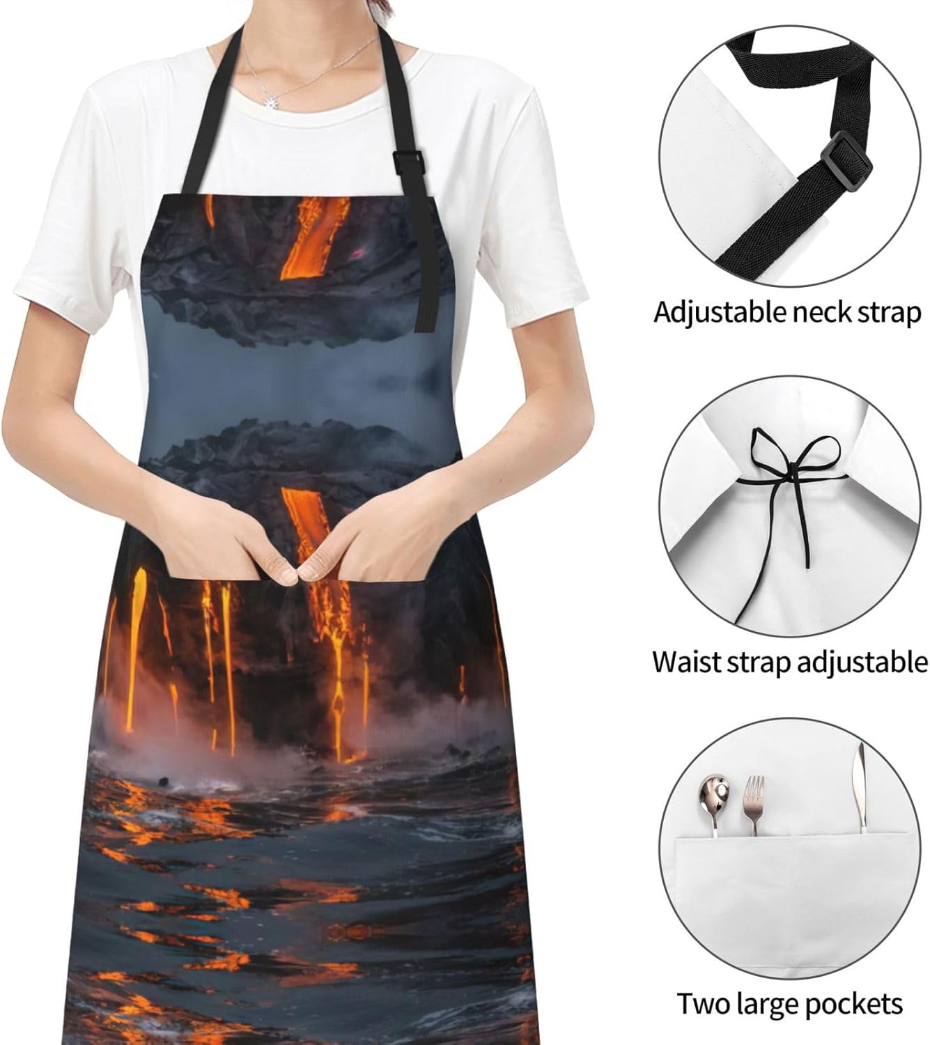 Kilauea Volcano Print 28x33 In Adult Kitchen Apron with Pockets Versatile Chef Smock for Cooking Baking