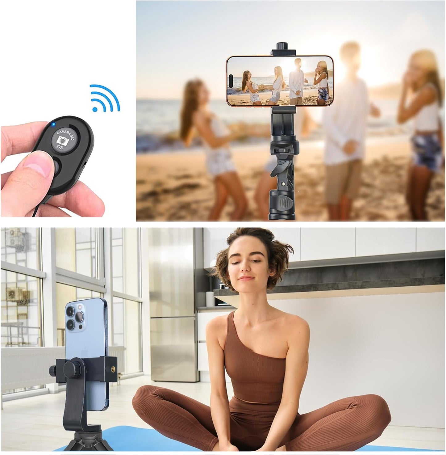 Phone Tripod Mount Adapter with Camera Remote Controller, Cell Phone Holder Clip with Adjustable Clamp Compatible with iPhone, Samsung, HTC, Huawei etc., Include Wrist Strap