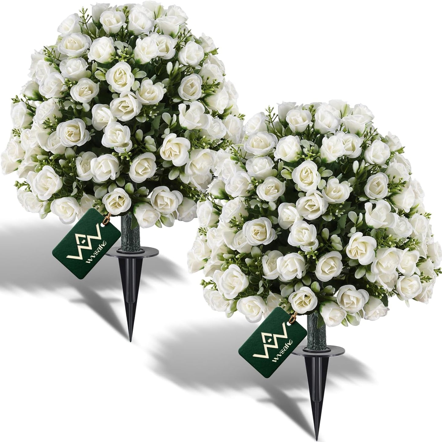 24’’ White Rose Topiary Ball Tree, Faux Plants Outdoor Rose Bush, Fake Evergreen Potted Plants Artificial Decor for Garden, Front Porch, Living Room, Balcony Decor, Set of 2