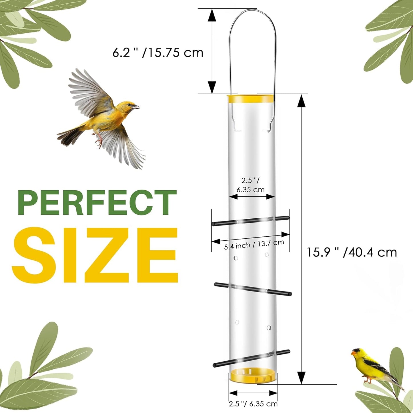 Thistle Feeder for Goldfinches with Upside Feeding Design, Hanging Finch Feeder for Outside, 15.9-Inch Tube Bird Feeders with 6 Small Ports & 3 Perches, Easy to Refill and Clean, Yellow