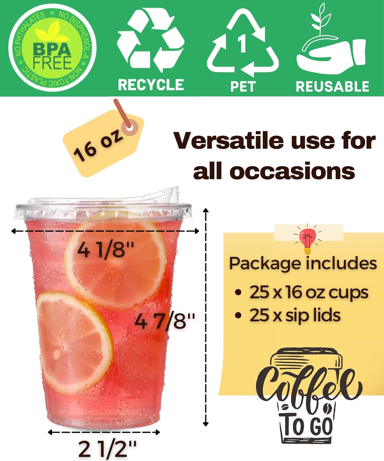 16 oz Clear Plastic Cups with Strawless-Sip-Lids, 25 Sets Disposable Cup Plastic Iced Coffee Cups, To Go Cup with Sip Through Lids for Smoothie, Milkshake, Cold Drinks for Party, Wedding, Event