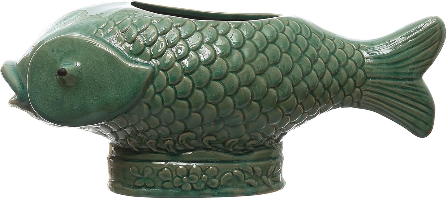 17 Inches Debossed Stoneware Fish Planter, Reactive Glaze, Holds 7 Inc