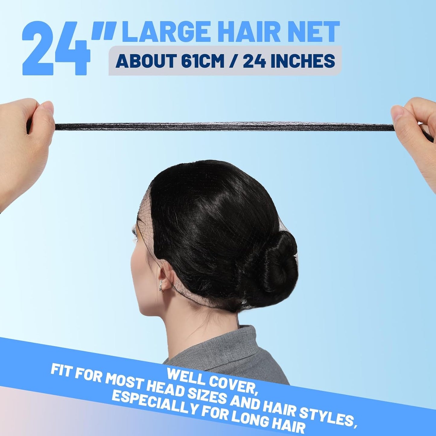 LEOBRO Black Hair Nets, 60 pcs Hair Nets for Food Service Workers, Invisible Nylon Hair Net for Women and Men, Hairnets for Buns, 24 inches