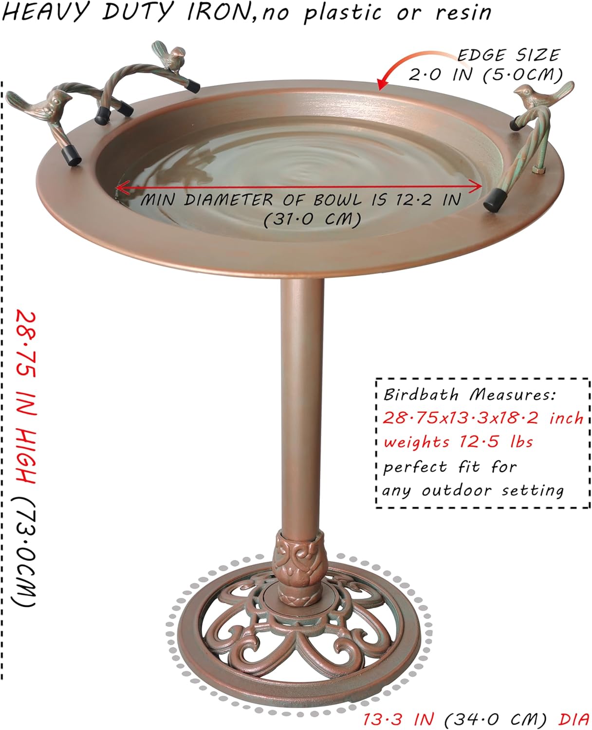 Metal Bird Bath - Iron Birdbath 28.5" H, Bird Bath for Water Fountain, Bird Feeder Bowl for Yard Patio Lawn Decor (Fountain Pump not Included)