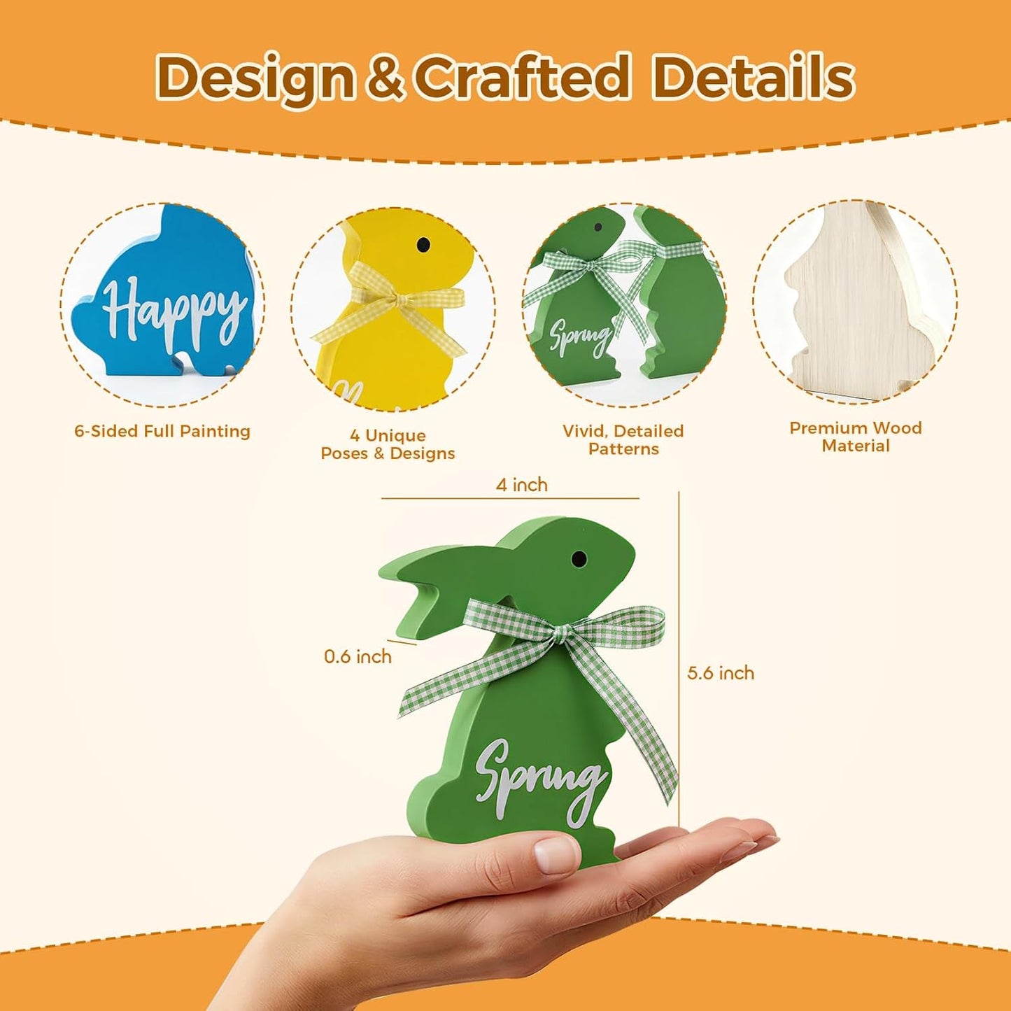 Easter Decor, 4 Pcs Bunny Spring Easter Decorations for Home Office Table, 5~6.4 Inches Wood Rabbit Easter Decorations Sign with Ribbons for Tiered Tray Mantel Shelf, Farmhouse Party Supplies