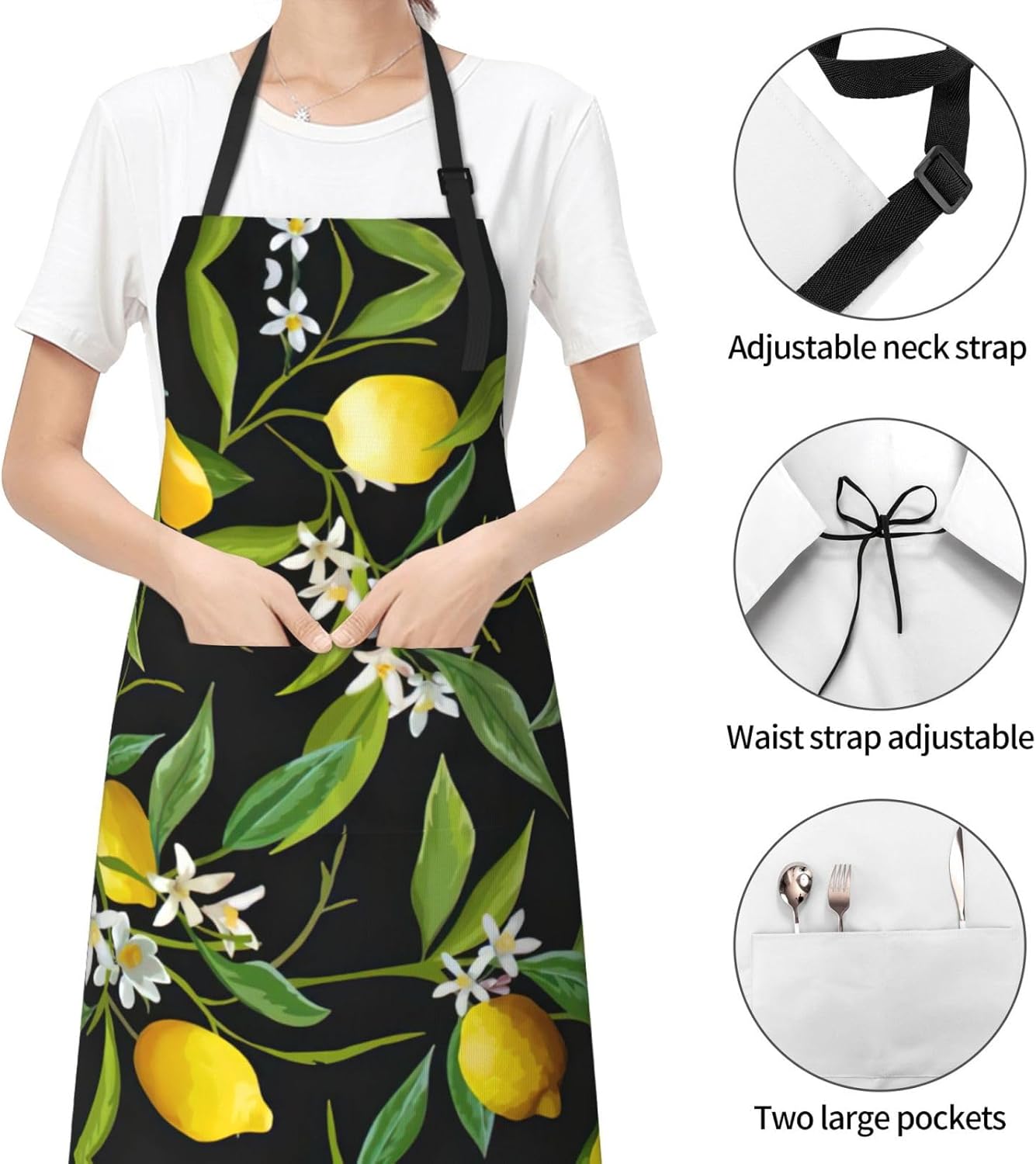 Lemon and Flower Print Laundry apron 28x33 In Waterproof Kitchen Apron with Pockets for Cooking Baking
