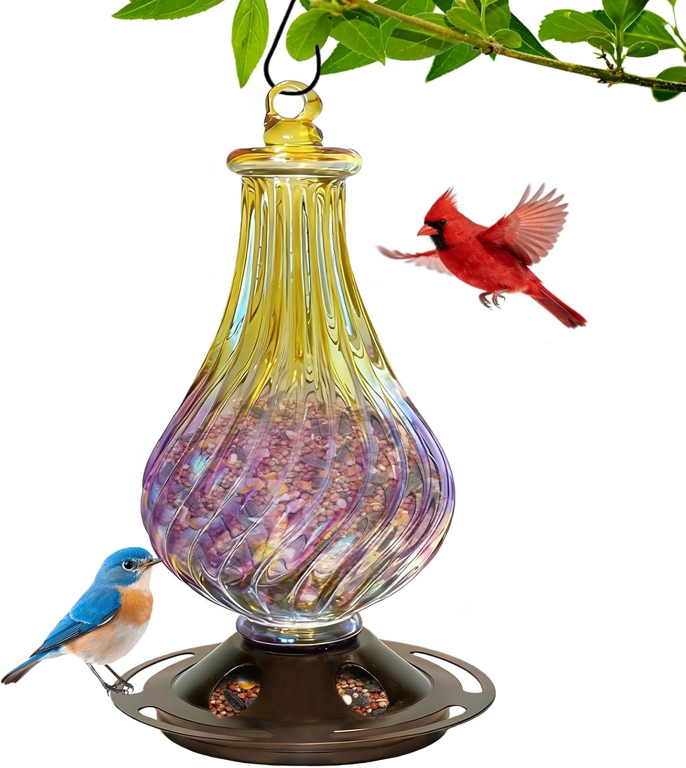 Bird Feeders for Outdoors – Hand Blown Glass Hanging Bird Feeder with Metal Base, 5 Feeding Ports, 24 oz Hanging Wild Bird Feeder for Cardinals & Blue Jays, Garden Decor Gift