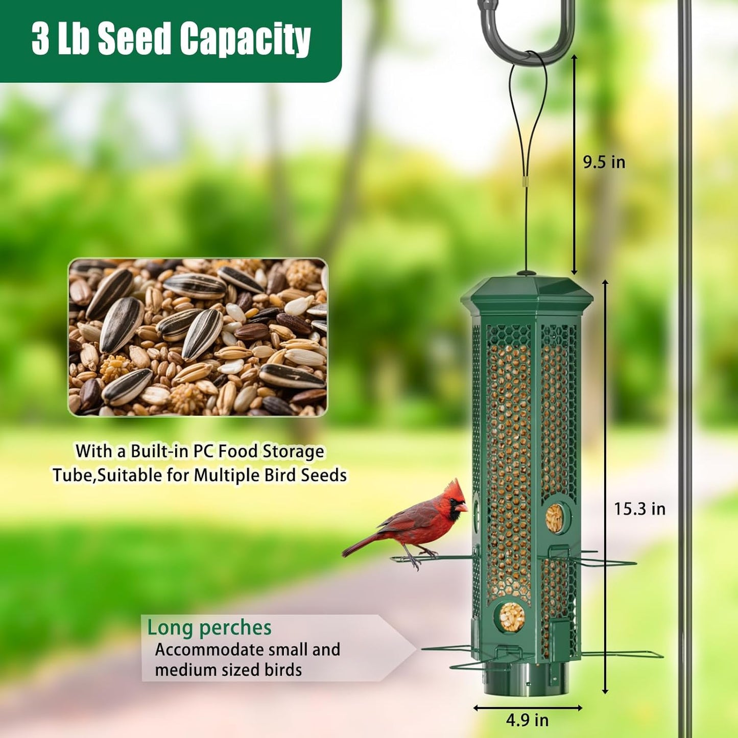 Squirrel Proof Bird Feeders, Bird Feeder for Outdoors with Removable Base, 6 Ports Perches Gravity Protection Squirrel Proof Wild Bird Feeders, 3LB Seed Capacity, Green