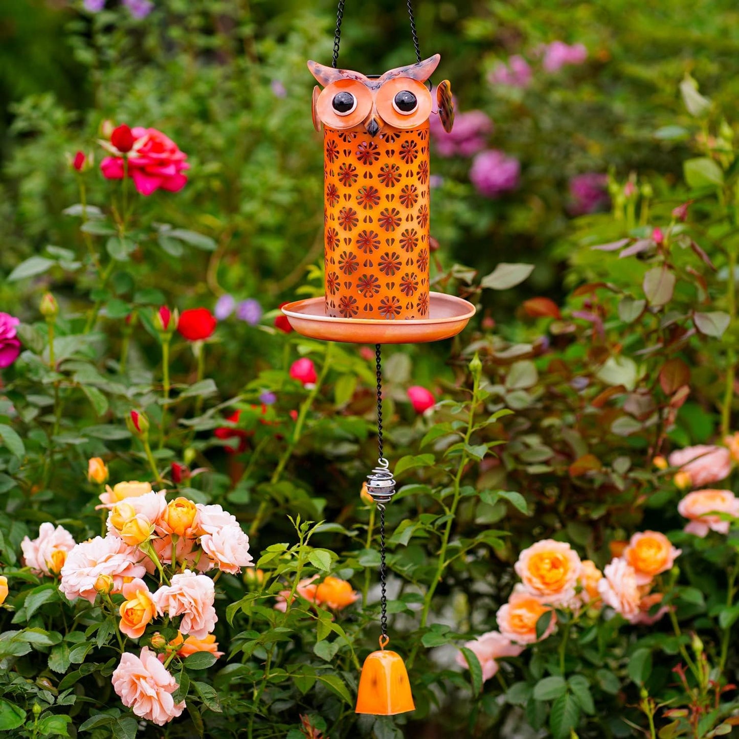 Solar Owl Bird Feeder for Outdoors Hanging - Metal Outside Wild Bird Feeders,Solar Light, Garden Backyard Decoration,Gifts for Bird Lovers,Family, Friends,Elderly.10 High x 6.5" Dia