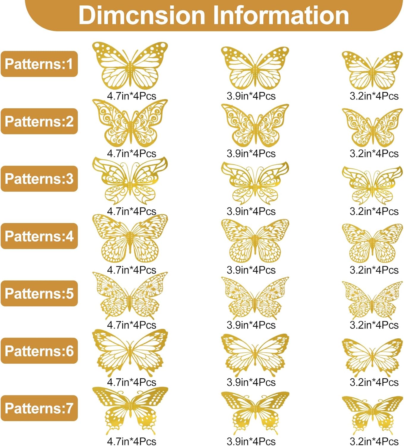 84PCS 3D Butterfly Decorations, 3 Sizes 7 Styles Butterfly Wall Decor Gold Butterflies Decorations for Cake, Butterflies Party, Birthday, Wall