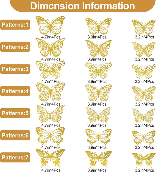84PCS 3D Butterfly Decorations, 3 Sizes 7 Styles Butterfly Wall Decor Gold Butterflies Decorations for Cake, Butterflies Party, Birthday, Wall