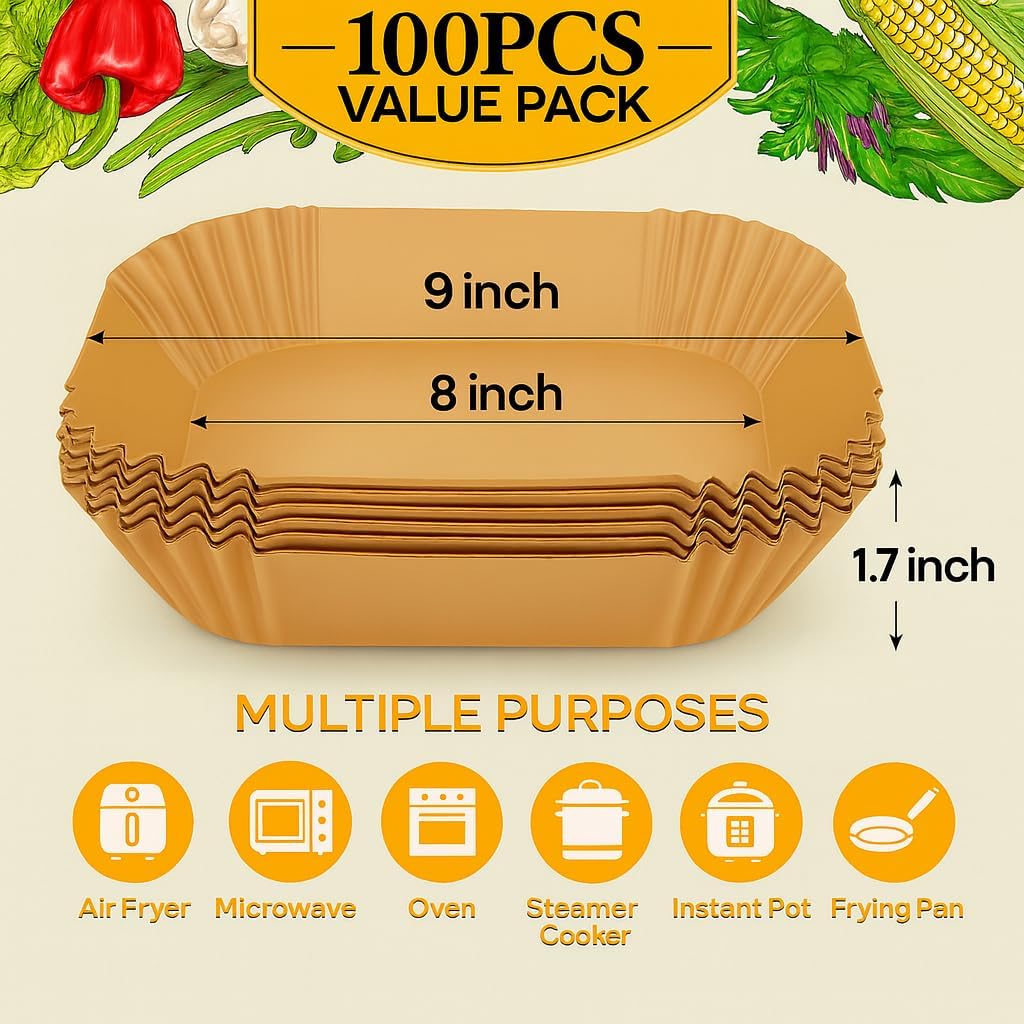 BYKITCHEN Air Fryer Sheets Liners for Ninja AG301 Grill, AF141 Pro 4-in-1 & More, 9in Disposable Square Air Fryer Parchment Paper Filters for 5 to 8 Qt, Ninja Foodi Grill Accessories(Set of 100)