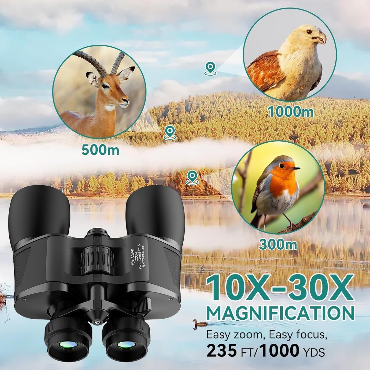 MLight 10-30X50 Zoom Binoculars for Adults, High Powered Military Binoculars for Bird Watching, Hunting, Outdoor, Hiking, Concerts Large View/Waterproof/BAK7 Prism/FMC Lens/Low Light Night Vision