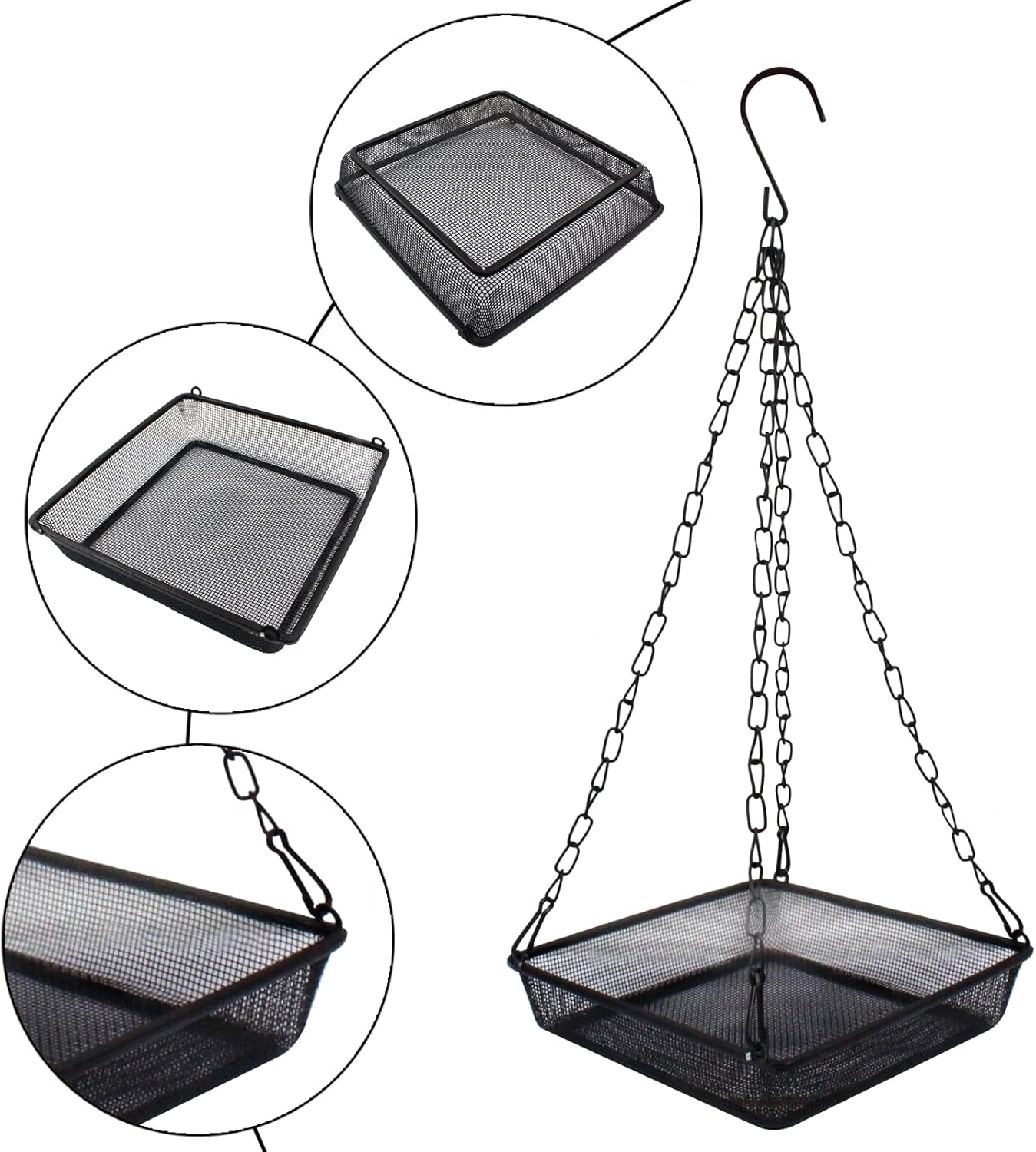 2 Pack Hanging Bird Feeder Tray 6.7 Inch Square Metal Mesh Seed Holder, Durable Metal Mesh Feeders with Chains for Attracting Various Species of Wild Birds